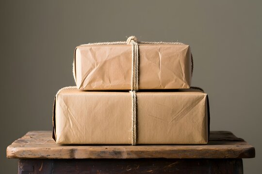 Stacked packages wrapped in brown paper and tied with string on a wooden surface