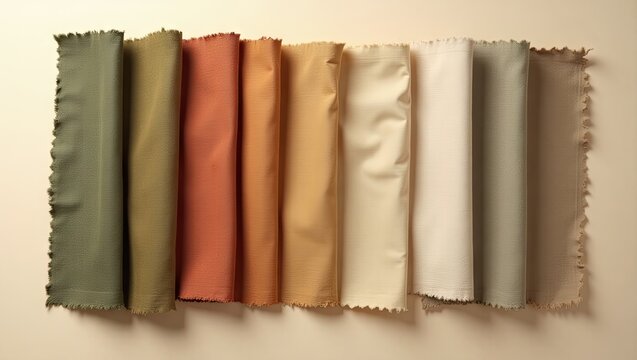 Different swatches of fabric display a spectrum of warm, earthy tones from muted olive green to soft beige, arranged side by side against a neutral background, showcasing textures and folds.