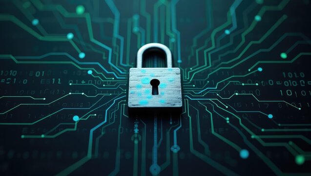 Metallic padlock symbolizes security and protection, resting upon a glowing circuit board background composed of interconnected digital pathways, with binary code patterns.