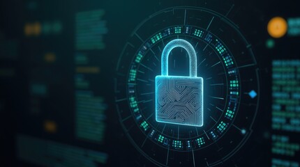 Displaying a glowing padlock symbol in a dark, digital environment showcases concepts of data security and online privacy, with circuit board details illuminating the central element.