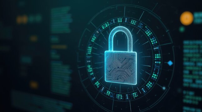 Displaying a glowing padlock symbol in a dark, digital environment showcases concepts of data security and online privacy, with circuit board details illuminating the central element.