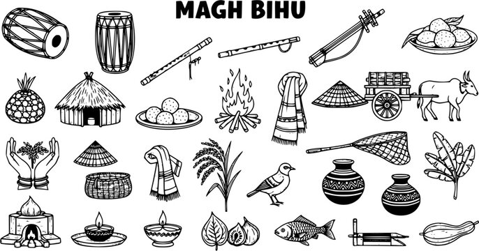 Magh Bihu Traditional Elements Vector Icons Set. Assamese Harvest Festival Cultural Symbols Collection, Hand-Drawn Outline Graphics for India's Celebration.
