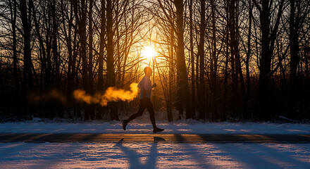 Man running in winter forest at sunrise for fitness and health