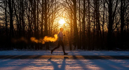 Fotobehang Hardlopen Man running in winter forest at sunrise for fitness and health  © MindsTock
