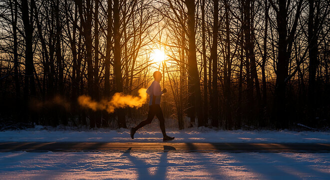Man running in winter forest at sunrise for fitness and health