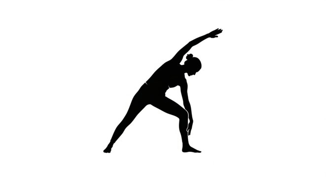 A black silhouette of a woman in a yoga pose, stretching her arm overhead and bending to the side, isolated on a vector illustration