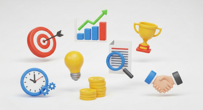 3d render of business and finance icons floating in the air, including a target, chart, trophy, light bulb, coins, document, and handshake