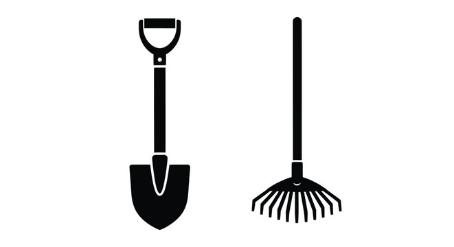 Black and white illustration of a garden shovel and a leaf rake