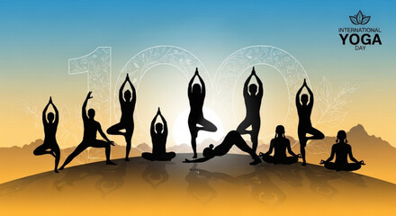 Silhouette of people practicing yoga poses at sunset for international yoga day, promoting a healthy lifestyle and inner peace through yoga