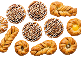 Set of vector illustrations featuring various kinds of fresh baked bread, including a delicious croissant, and different sweet dessert pastry and dry fruit snacks, isolated on white