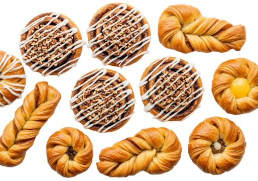 Set of vector illustrations featuring various kinds of fresh baked bread, including a delicious croissant, and different sweet dessert pastry and dry fruit snacks, isolated on white - Powered by Adobe