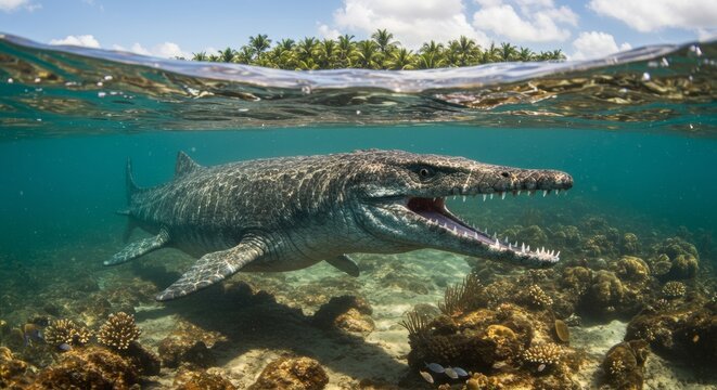 Underwater realm, imposing mosasaur amidst vibrant coral reef ecosystem