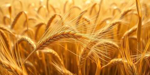 Golden wheat ear, heavy with ripe grains, sunlit field,  summer,  agricultural field