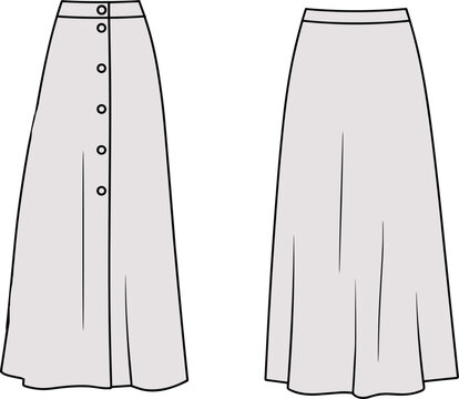 Flat fashion sketch of long button-down and plain flared skirts, technical vector illustration for garment design, minimalist clothing template, apparel construction reference