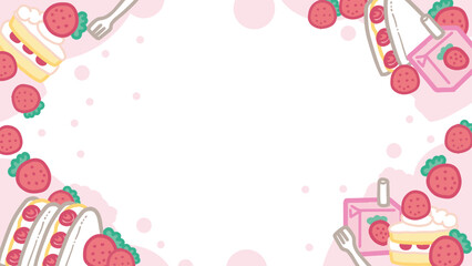 Cute Strawberry Fruit Snack and Cake Background. Perfect for cafe menus, food posters, bakery designs, sweet shop branding, and kawaii dessert illustrations.