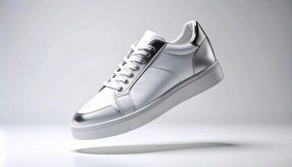 Stylish white leather sneaker floating elegantly in a modern studio setting offers a clean, contemporary look perfect for fashion and lifestyle campaigns