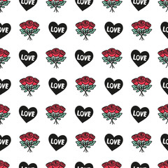 Romantic Day Pattern with Roses, Hearts, and Love. Perfect for Valentine Day cards, wedding designs, romantic wrapping paper, and floral holiday decorations.