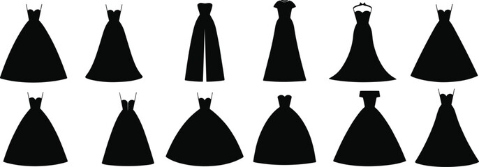 Fashion dress silhouette vector set, twelve black gown shapes, front view styles, neckline and skirt variations, clothing design template, garment illustration pack