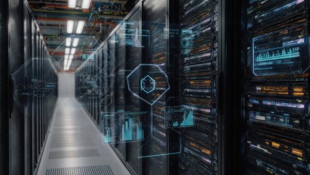 Data Center Server Room with Futuristic Holographic Interface.