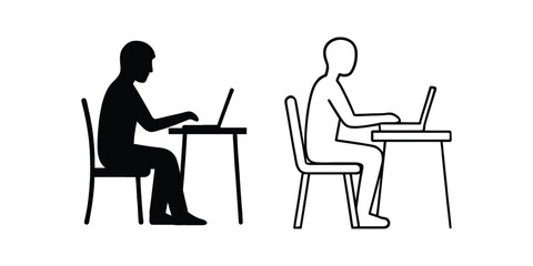 Fototapeta premium Silhouette and outline of a person sitting at a desk working on a laptop computer. person sitting a desk working icon.