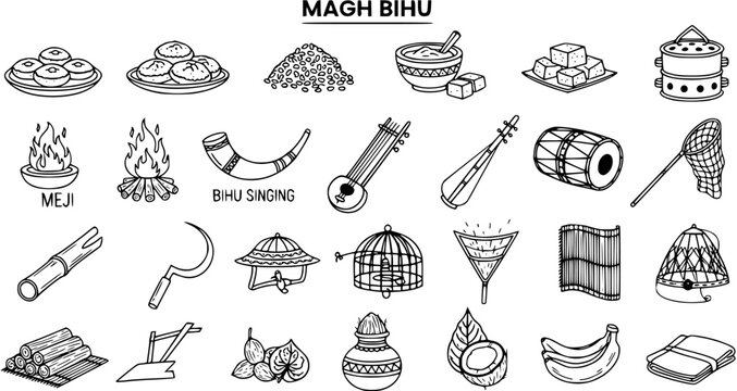 Magh Bihu Assamese traditional elements doodle set depicting cultural food, musical instruments, bonfires, agricultural tools, and local symbols in line art style.