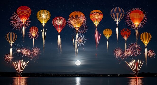 Spectacular Night Sky Illuminated by Colorful Fireworks and Full Moon Reflected on Water. - Powered by Adobe