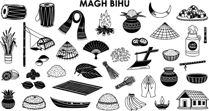 Magh Bihu Festival Icons Set: Traditional Assamese Harvest Celebration Elements, Cultural Symbols, Food, Music, and Rural Life Vector Illustration