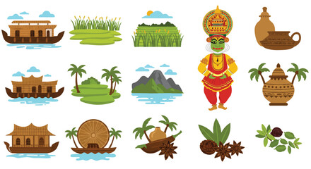 Colorful Kerala tourism icon collection showcasing traditional culture, lush backwaters, elephants, and coastal beaches, presented in a clean flat 2D vector illustration on a white background. © Rahmanart