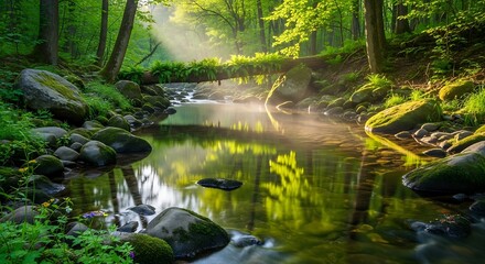 Tranquil Forest Stream - Sunlight and Reflection in Nature.