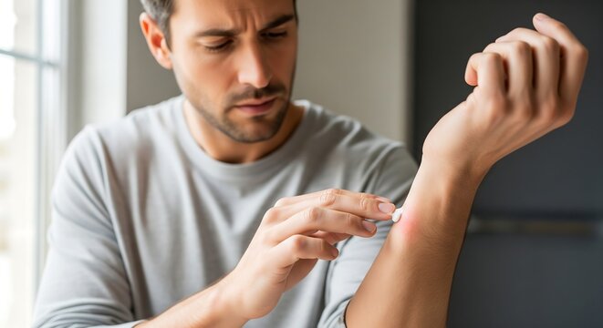 Concerned man applying topical cream to a red, inflamed insect bite or skin rash on his wrist at home.