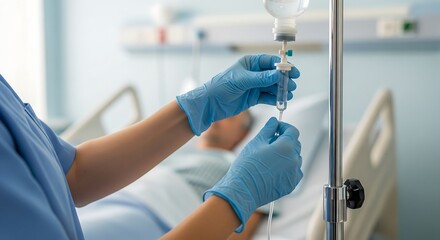Healthcare professional in blue gloves adjusting an intravenous drip for a patient in a hospital.