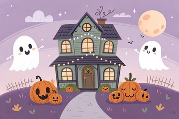 Cute Haunted House with Pumpkins and Friendly Ghosts &ndash; Halloween Cartoon Scene