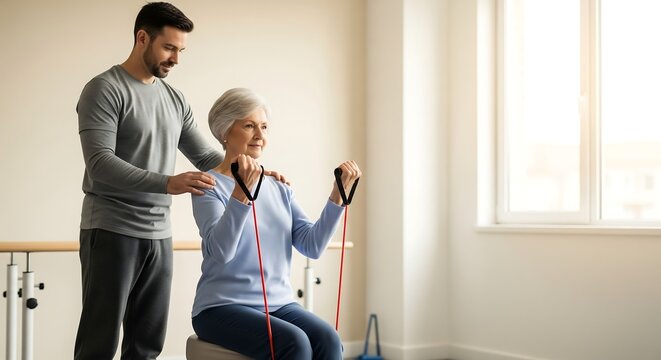 Male physical therapist assisting a senior woman with resistance band exercises during a rehabilitation session at a clinic.
