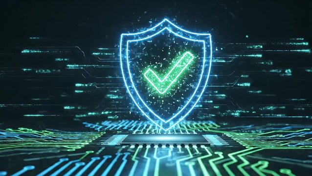 A glowing holographic shield icon with a checkmark symbolizes cybersecurity and data protection above a computer circuit board