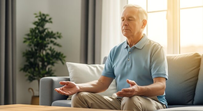 Peaceful senior man meditating with eyes closed while sitting on the sofa in a sunlit living room.