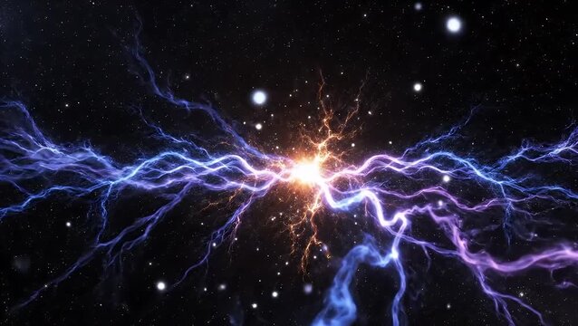 A futuristic visualization of a powerful energy discharge with vibrant blue and purple lightning arcing through deep space