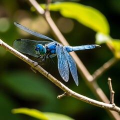 Azure Dragonfly Perched on Branch - A Moment of Serene Beauty.