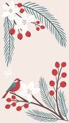 Frosted pine and berry floral frame in pastel colour vector minimal style