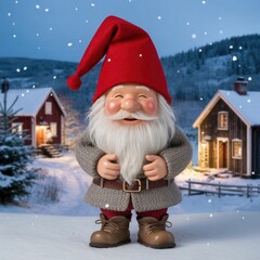 Adorable Christmas Gnome with Red Hat in Snowy Winter Village Scene