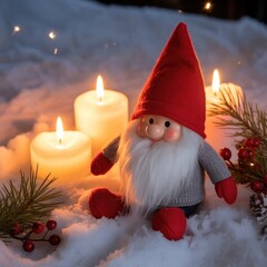 Cute Christmas Gnome with Candles and Snowy Holiday Decor