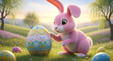 Easter Bunny and Decorated Egg in Spring Meadow.