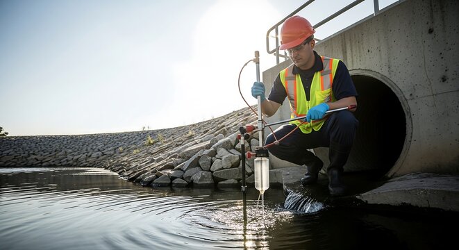 Sterile Water Sampling at Outlet Industrial Site Photography Outdoor Ground Level Environmental Monitoring