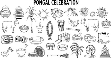 Pongal Celebration Doodle Line Art Set: Traditional Indian Harvest Festival Symbols  Elements like Sugarcane, Cow, Pots, and Sun Icons
