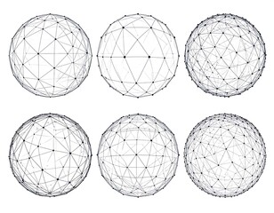 Six digital spheres, showing interconnected dots and lines in a grid pattern