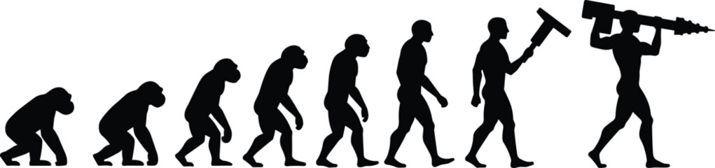 Evolution of man from ape to modern worker holding drill machine, human development progress concept, silhouette vector illustration of technological advancement history