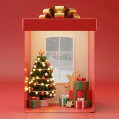 Cozy Christmas Holiday Marketing: Miniature Winter Scene Inside a Gift Box, Vertical Banner,  Social Media Promotion. Miniature Festive Room Scene with Decorated Tree. Gingerbread Man, Snowy Window. 