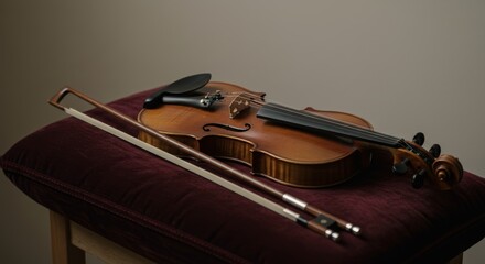 Fototapeta premium Detailed close-up of a violin and bow resting on a velvet cushion