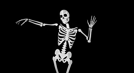 A white skeleton figure against a black background raises its arms in a gesturing pose.