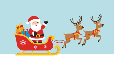 Cheerful Santa Claus in a Sleigh Pulled by Two Reindeer.