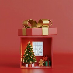 Cozy Christmas Holiday Marketing: Miniature Winter Scene Inside a Gift Box, Vertical Banner,  Social Media Promotion. Miniature Festive Room Scene with Decorated Tree. Gingerbread Man, Snowy Window. 